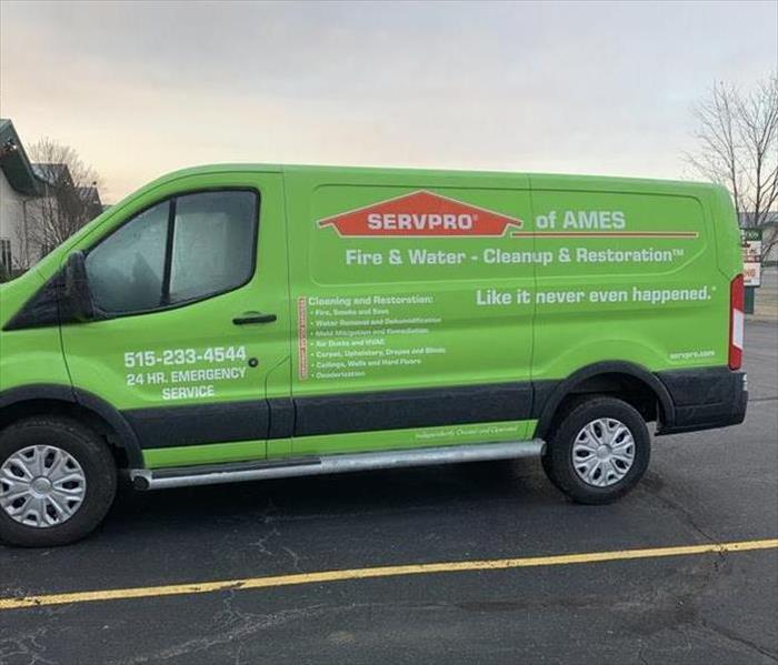 Story County, we are here day and night! Green SERVPRO vehicle.